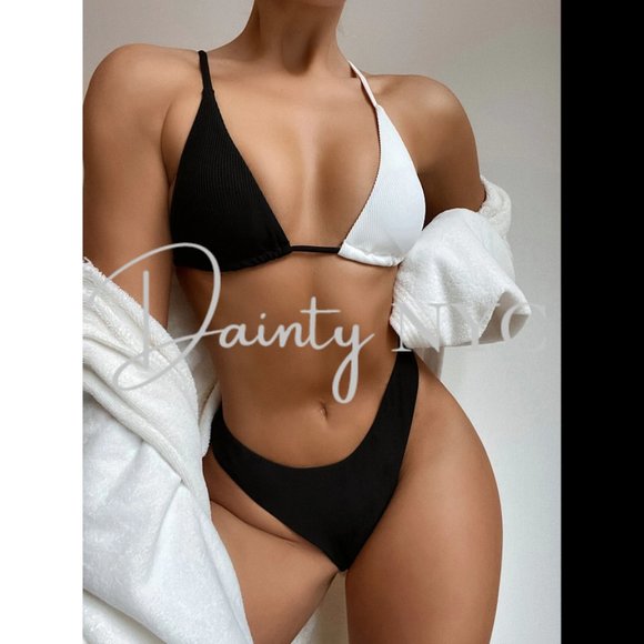 Color Block Black White Triangle Bikini Summer - Picture 3 of 8